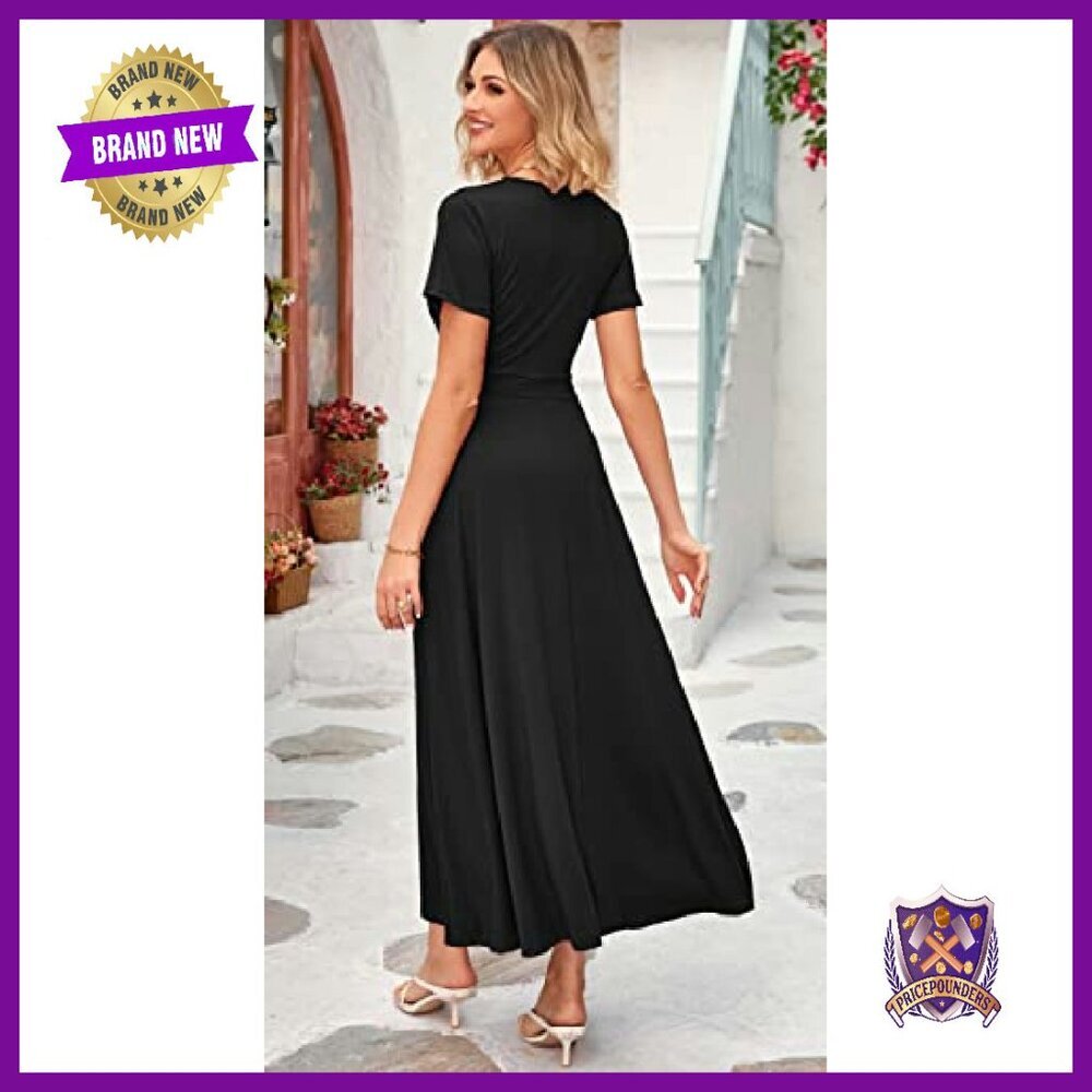 Women's Summer Maxi Dress Wrap V Neck Short Sleeves with Pockets - Picture 4 of 6
